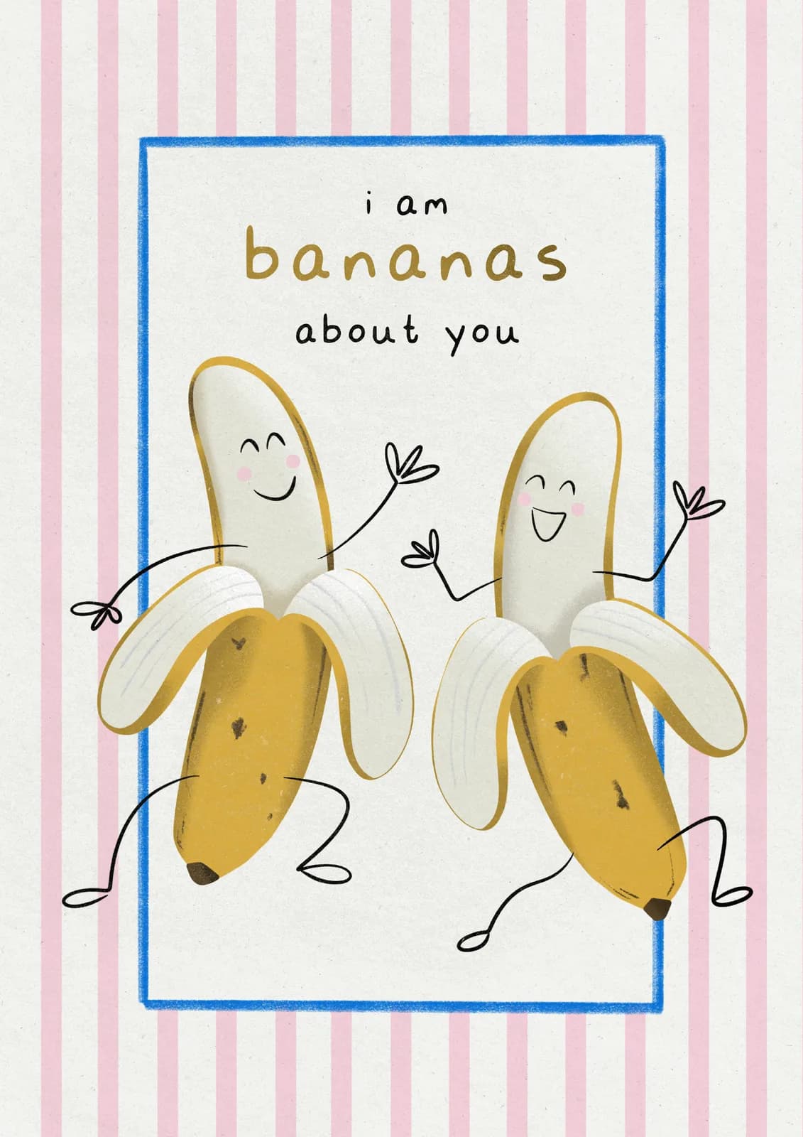 Kaartje met twee dansende bananen en de tekst i am bananas about you