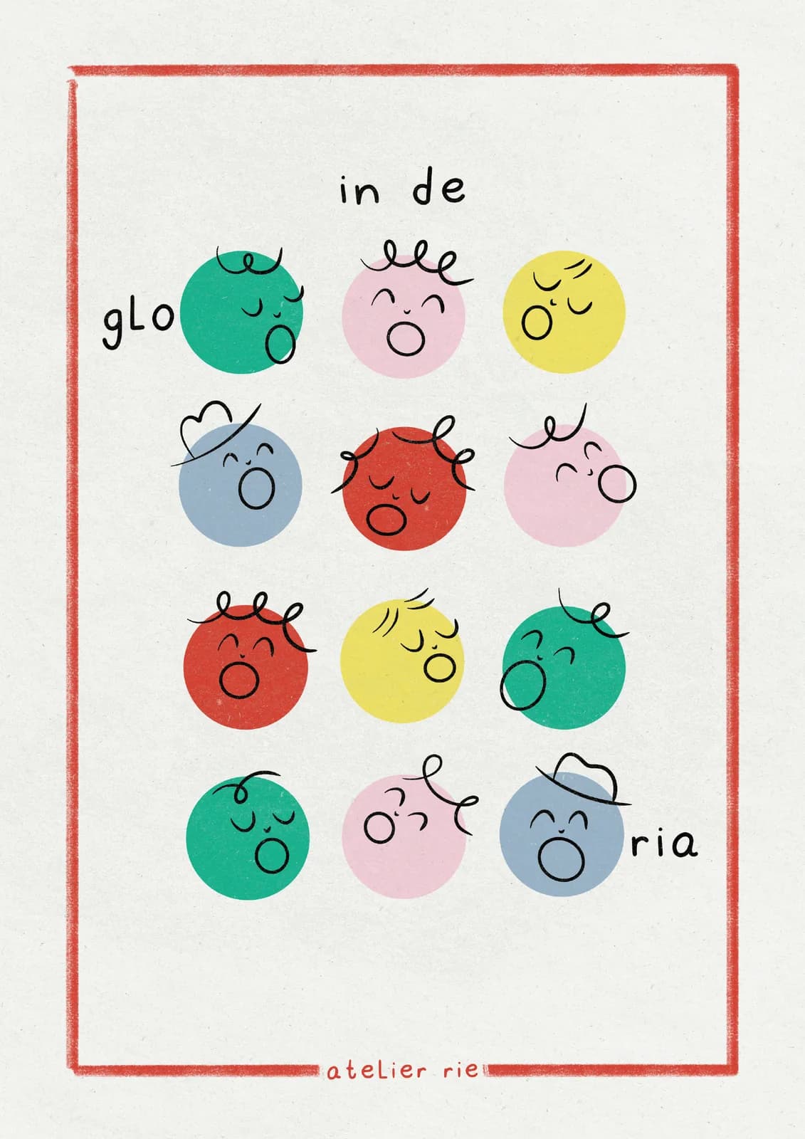 Kaartje met twaalf gekleurde zingende gezichtjes in een raster en de tekst in de glo-ria