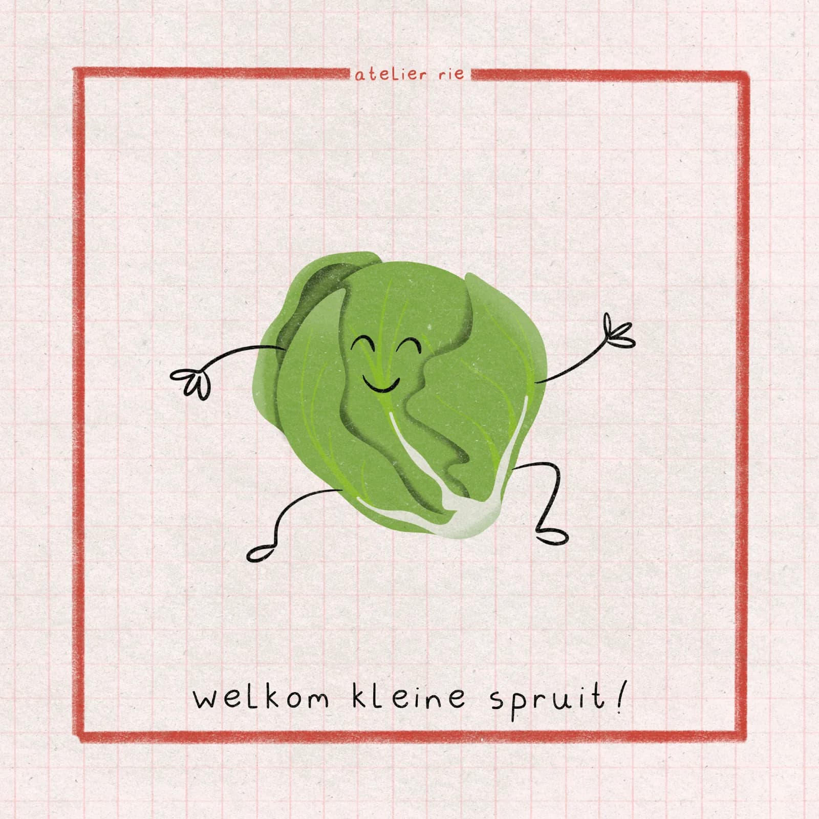Vierkant kaartje met een groen spruitje met armpjes en de tekst welkom kleine spruit