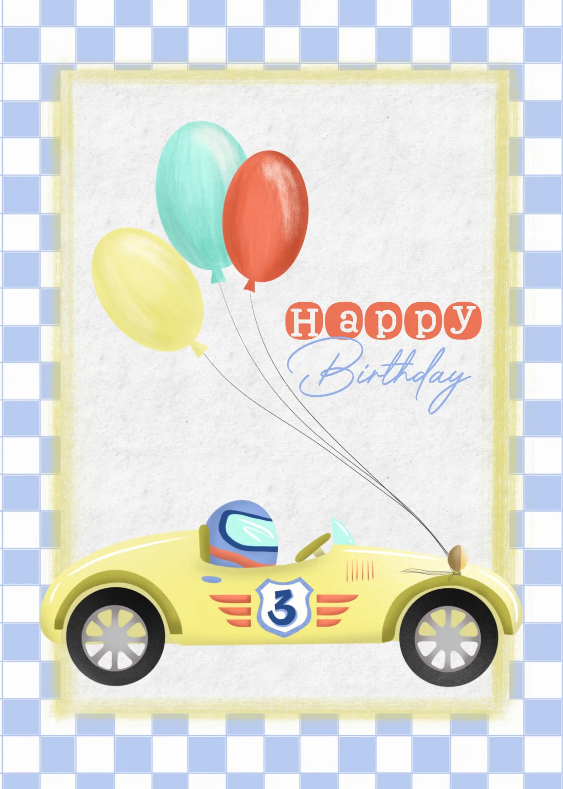 Staand kaartje met een gele raceauto met nummer 3 en drie ballonnen, met de tekst happy birthday