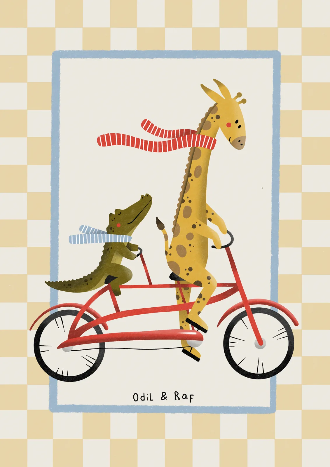 Geboortekaartje Odil en Raf: giraf en krokodil met gestreepte sjaals op een rode tandem, beige geruite achtergrond
