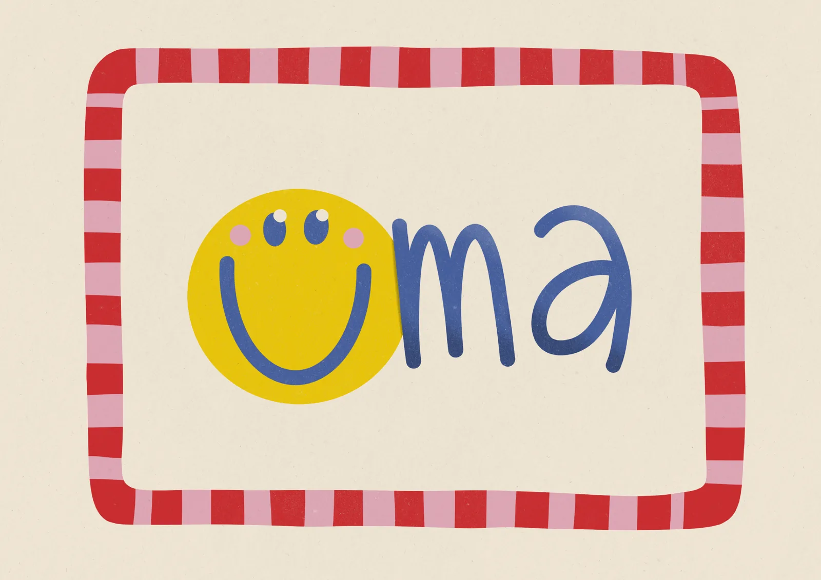Geboortekaartje Uma: gele smiley als eerste letter, rood-roze geblokte lijst op crème