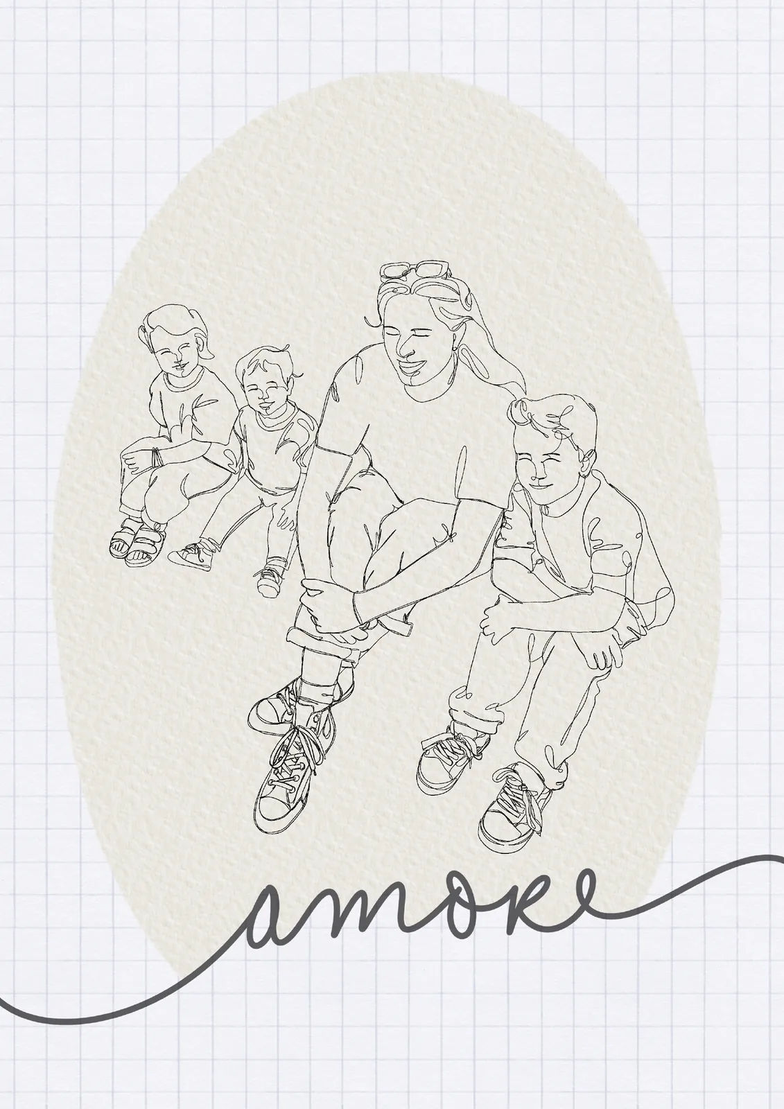 Lijntekening van een moeder met drie kinderen, met het woord amore in schrijfletters