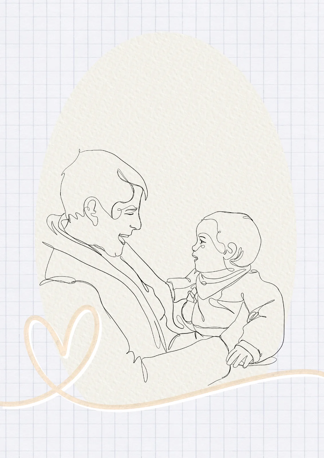 Lijntekening van een vader die zijn kind vasthoudt, met een hartje in okerlijn